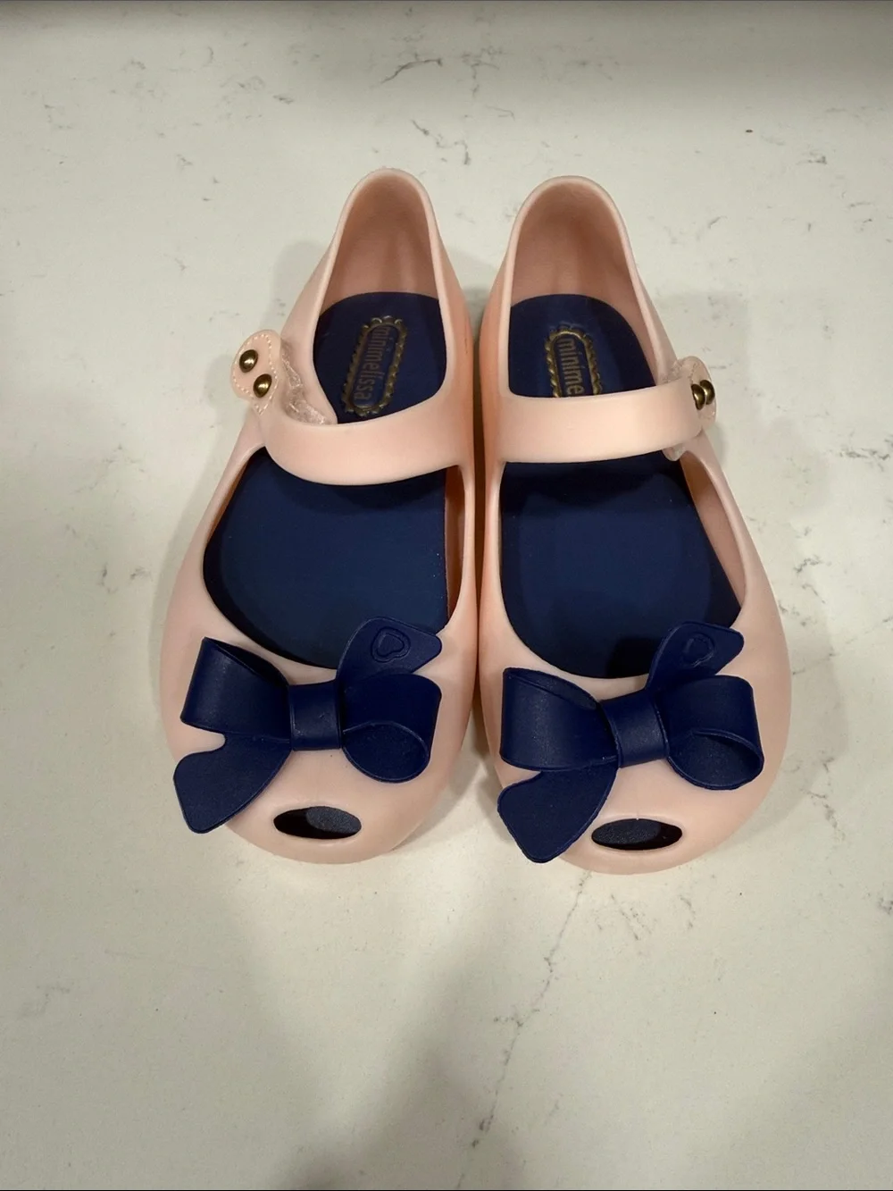 MiniMelissa Girls Pink Jelly Mary Jane Shoes with Navy Bow